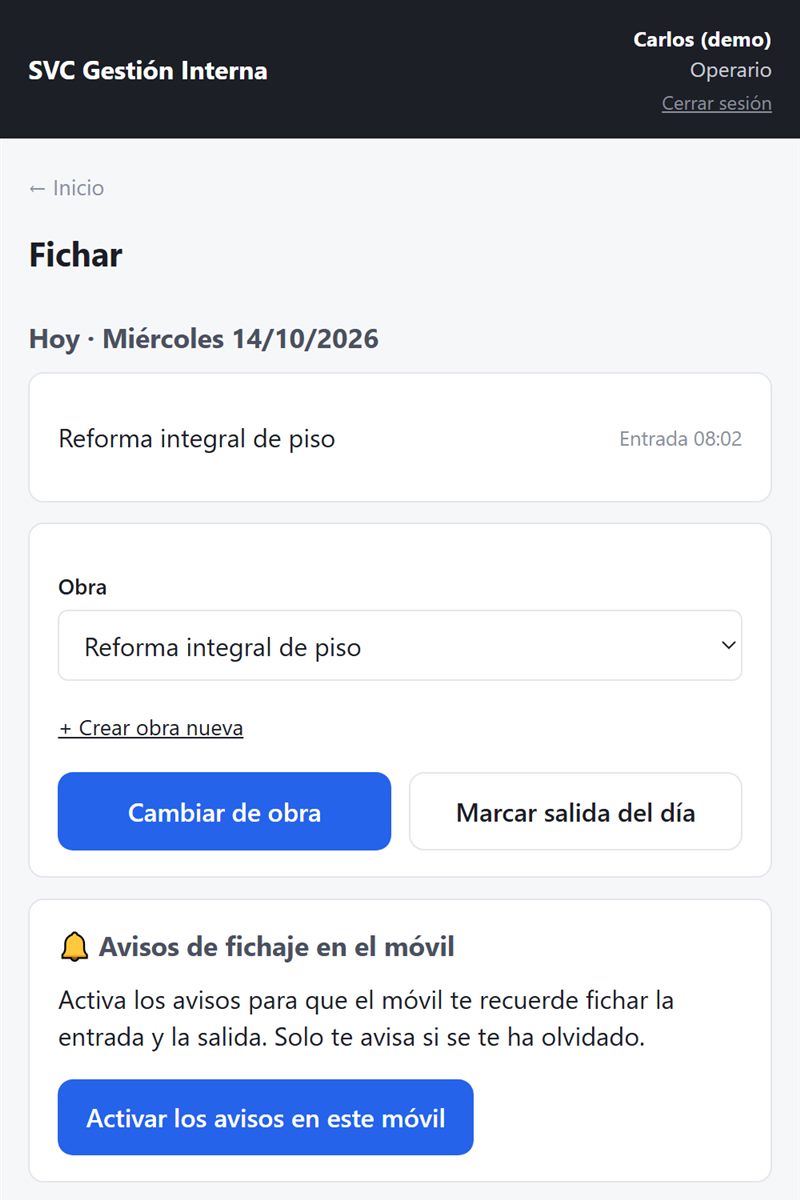 Pantalla de fichar de la app de gestión, con datos de ejemplo
