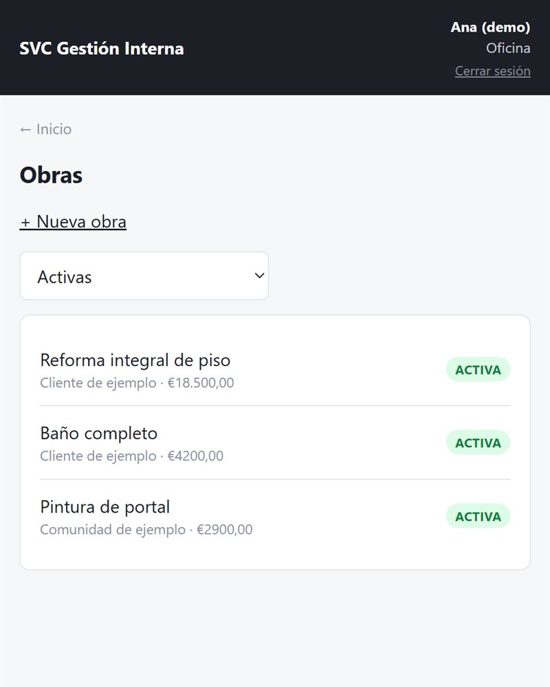 Lista de obras de la app de gestión, con datos de ejemplo